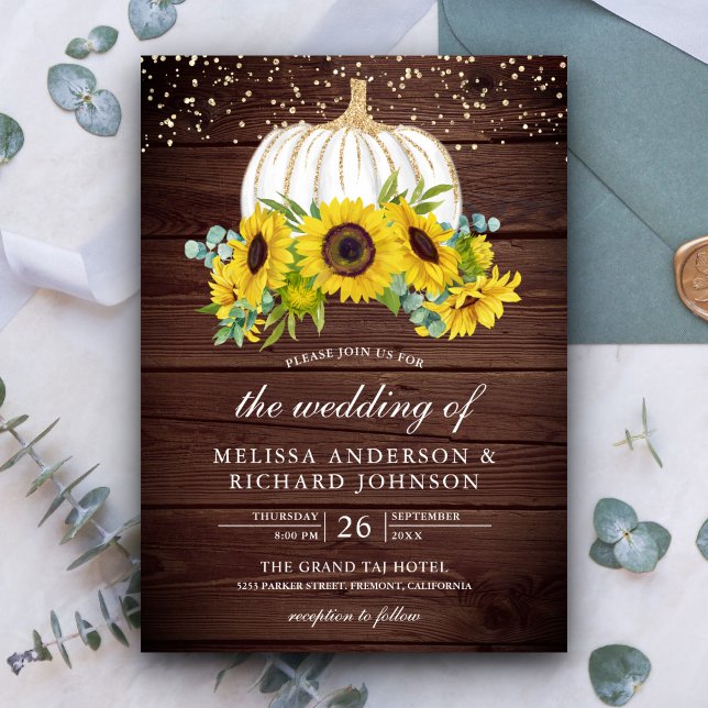 Rustic Wood White Pumpkin Sunwers Fall Wedding Inbjudningar (Skapare uppladdad)