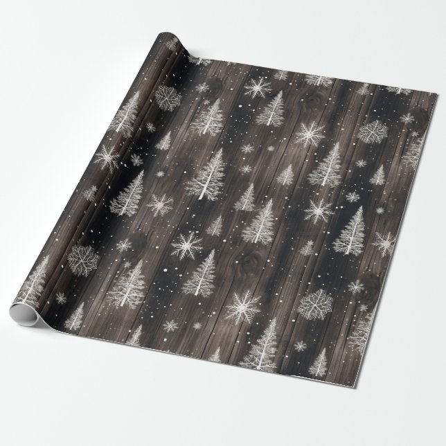 Rustic Wood White Snöflingor Presentpapper (Utrullad)