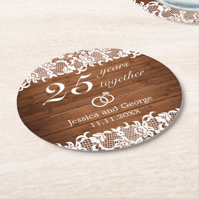 Rustic Wood & White Snöre-årsdagen Underlägg Papper Rund (Vinklad)