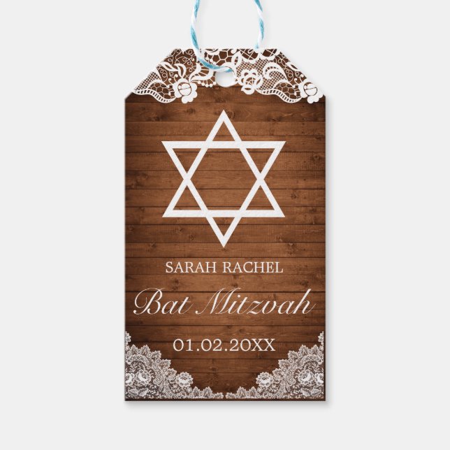 Rustic Wood & White Snöre Bat mitzvah Presentetikett (Framsidan)