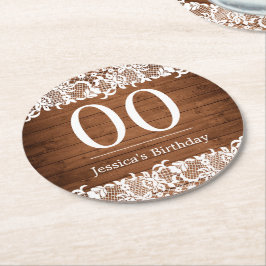 Rustic Wood & White Snöre Birthday Underlägg Papper Rund