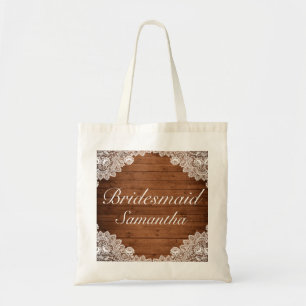 Rustic Wood & White Snöre Bridesmaid Bröllop Tygkasse
