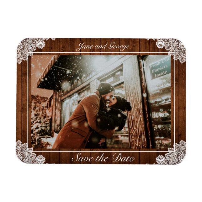 Rustic Wood & White Snöre Bröllop Magnet (Horisontell)