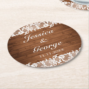 Rustic Wood & White Snöre Bröllop Underlägg Papper Rund