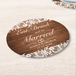 Rustic Wood & White Snöre Eat Drink Gift Bröllop Underlägg Papper Rund