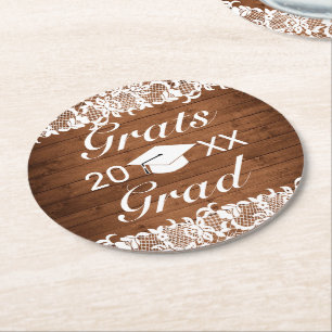 Rustic Wood & White Snöre Grats Studenten Underlägg Papper Rund