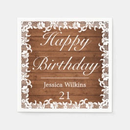 Rustic Wood & White Snöre Grattis på födelsedagen Pappersservett