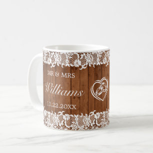 Rustic Wood & White Snöre Heart Ring Bröllop Kaffemugg