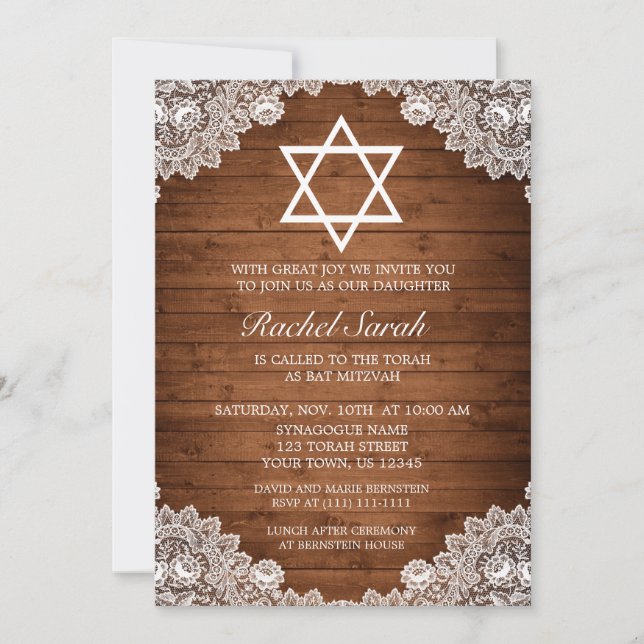 Rustic Wood & White Snöre Pub Bat mitzvah Inbjudningar (Framsida)