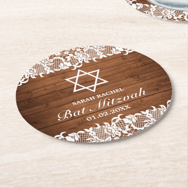 Rustic Wood & White Snöre Pub Bat mitzvah Underlägg Papper Rund (Vinklad)