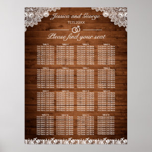 Rustic Wood & White Snöre Seating Chart 16 Bord Poster