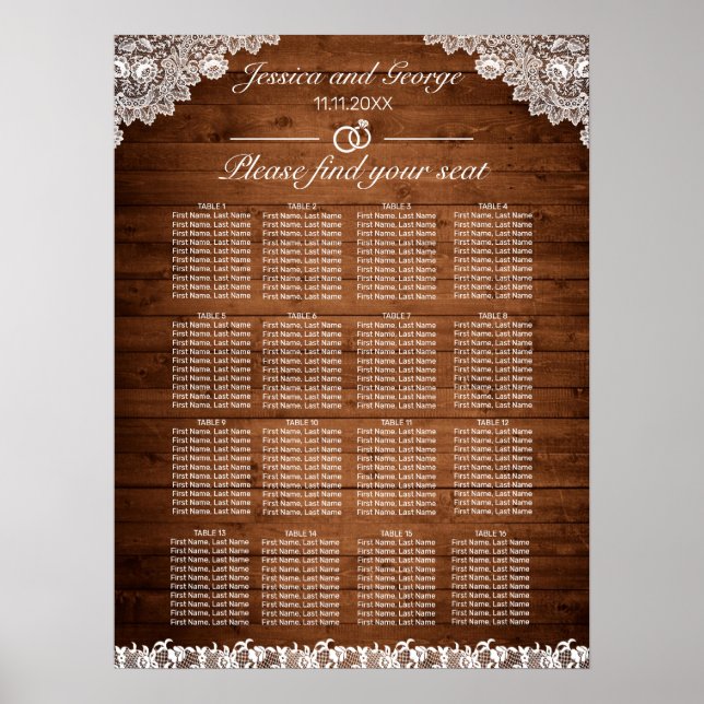 Rustic Wood & White Snöre Seating Chart 16 Bord Poster (Framsidan)