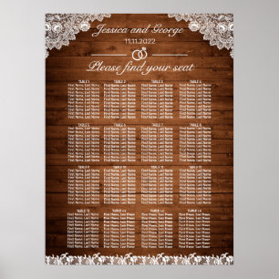 Rustic Wood & White Snöre Seating Chart 16 Bord Poster