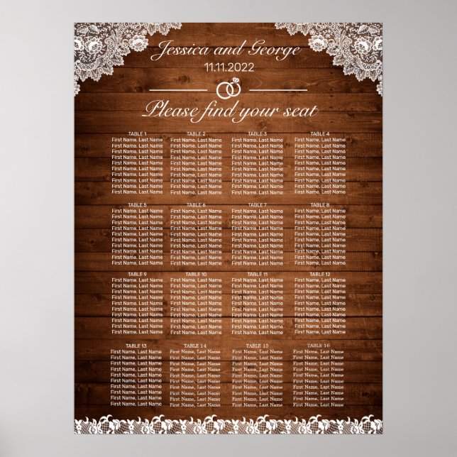 Rustic Wood & White Snöre Seating Chart 16 Bord Poster (Framsidan)