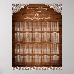 Rustic Wood & White Snöre Seating Chart 20 Bord Poster