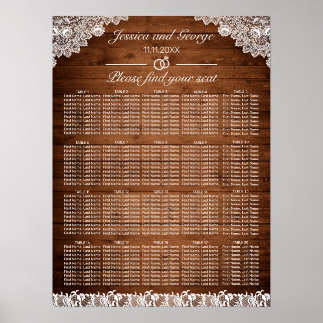 Rustic Wood & White Snöre Seating Chart 20 Bord Poster (Framsidan)