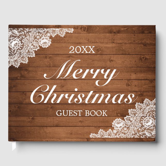 Rustic Wood & White Snöre Snowflake-jul Gästböcker (Framsida)