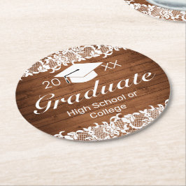 Rustic Wood & White Snöre Studenten Underlägg Papper Rund