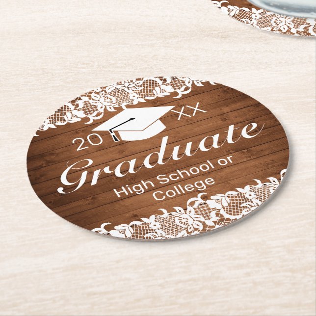 Rustic Wood & White Snöre Studenten Underlägg Papper Rund (Vinklad)