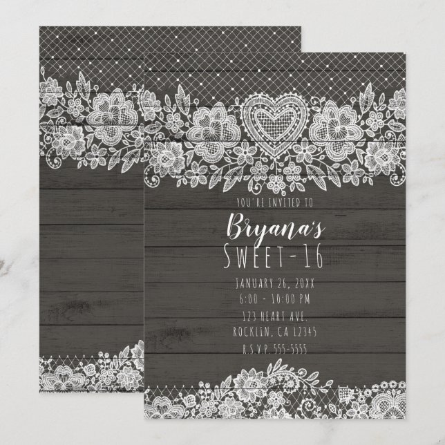 Rustic Wood & White Snöre Sweet 16 Birthday Inbjudningar (Fram/baksida)