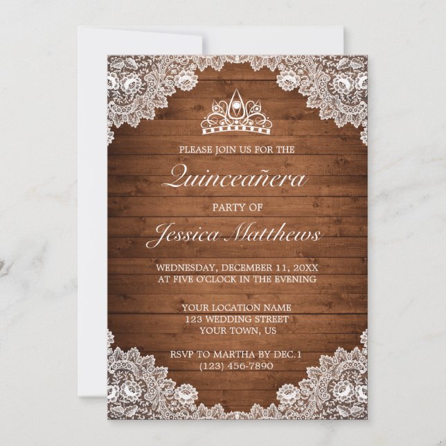 Rustic Wood & White Snöre Tiara Quinceañera Inbjudningar (Framsida)