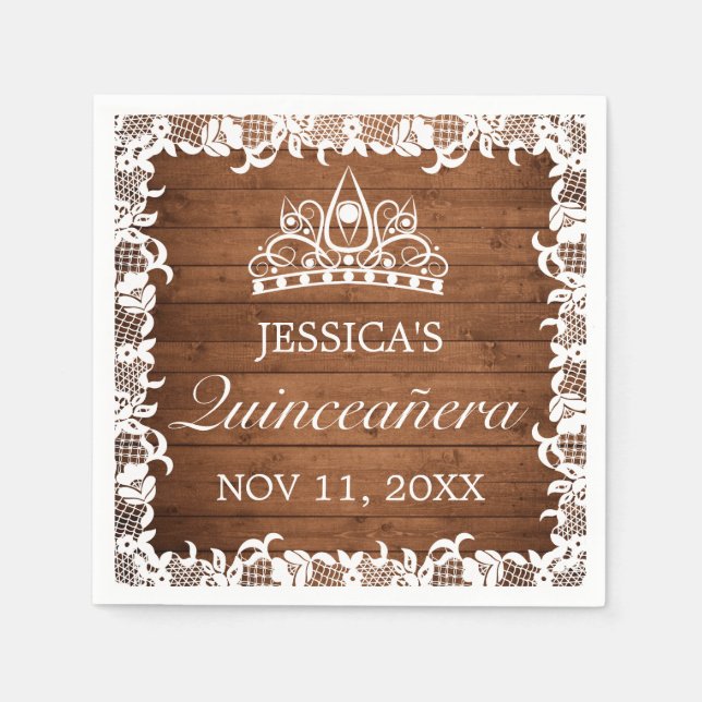 Rustic Wood & White Snöre Tiara Quinceañera Pappersservett (Framsidan)
