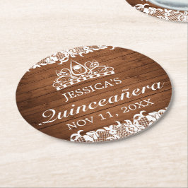 Rustic Wood & White Snöre Tiara Quinceanera Underlägg Papper Rund