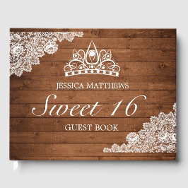 Rustic Wood & White Snöre Tiara Sweet 16 Birthday Gästböcker