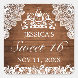 Rustic Wood & White Snöre Tiara Sweet 16 Fyrkantigt Klistermärke