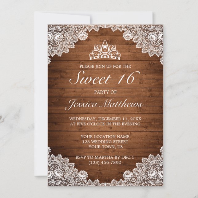 Rustic Wood & White Snöre Tiara Sweet 16 Inbjudningar (Framsida)