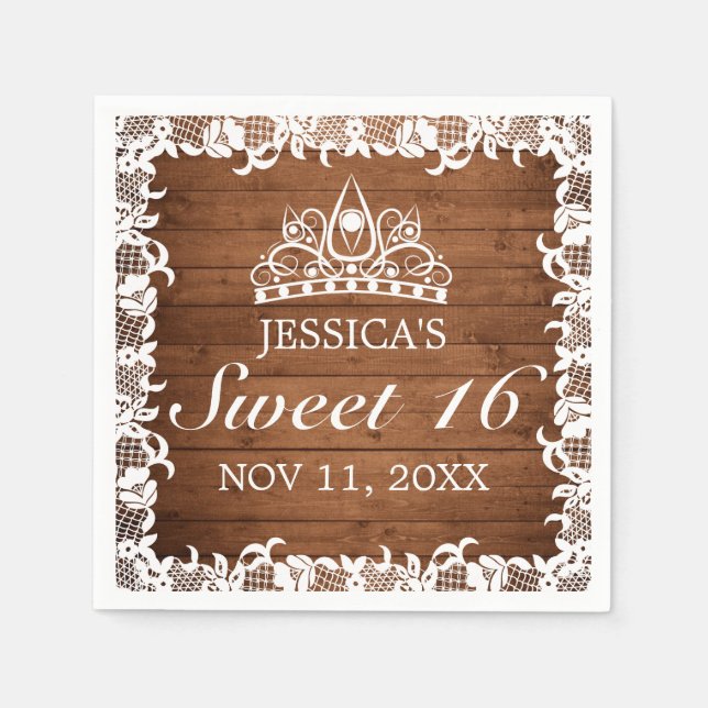 Rustic Wood & White Snöre Tiara Sweet 16 Pappersservett (Framsidan)
