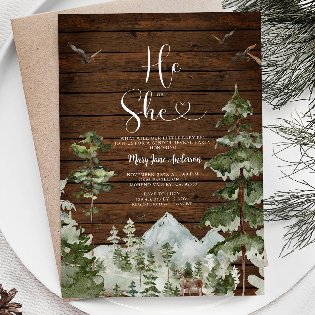 Rustic Wood Winter Forest Han eller hon Gender Rev Inbjudningar (Skapare uppladdad)