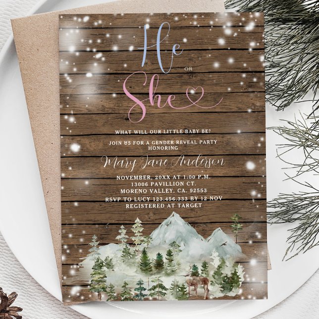 Rustic Wood Winter Forest Mountain Gender Reveal Inbjudningar (Skapare uppladdad)