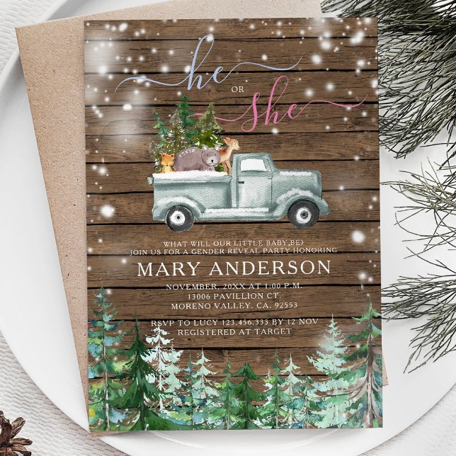 Rustic Wood Winter Han eller hon Gender Reveal Inbjudningar (Skapare uppladdad)