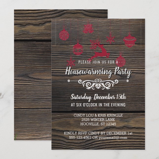 Rustic Wood Winter Helgdag Houseuppvärmning Party Inbjudningar (Fram/baksida)