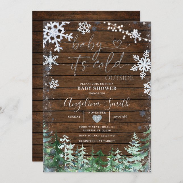 Rustic Wood Winter Snowflake Forest Baby Shower Inbjudningar (Fram/baksida)