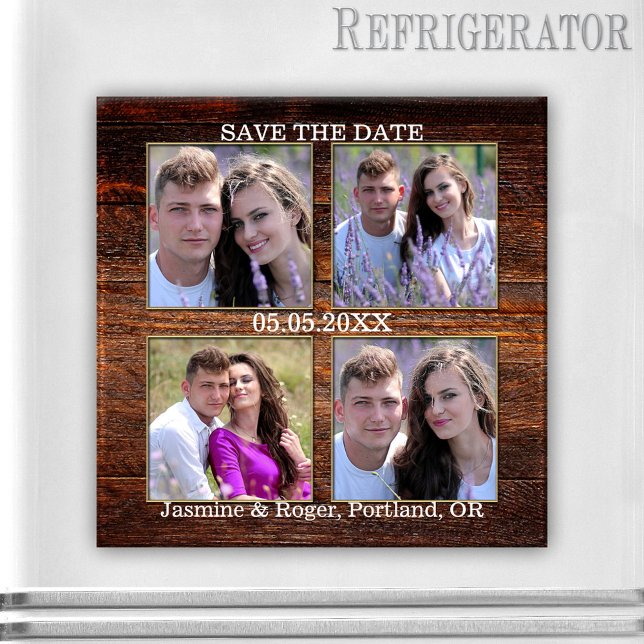 Rustic Wood Your 4 Photos Spara datum magneter (Save the Date magnet featuring your own 4 photos framed by rustic wood - wedding - engagement)