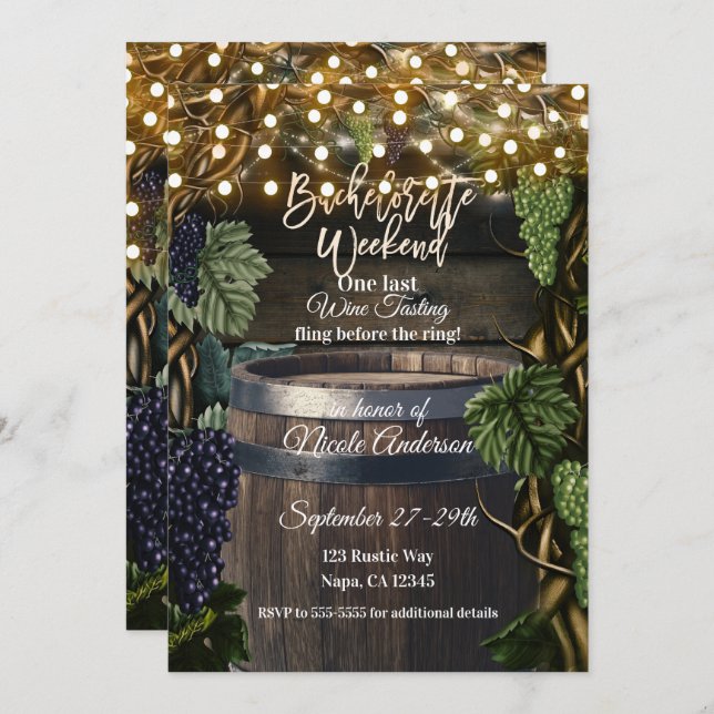 Rustic Wooden Barrel Grape Bachelorette Helg Inbjudningar (Fram/baksida)