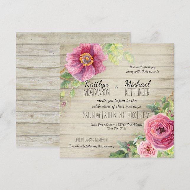 Rustic Wooden Board Blommigt Ro Peony Land Chic Inbjudningar (Fram/baksida)