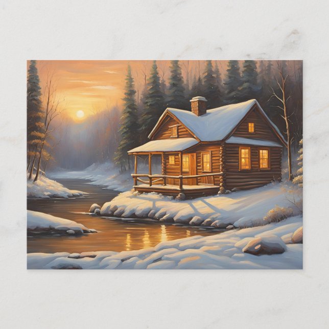Rustic Wooden Cabin in Winter Forest Vykort (Framsida)