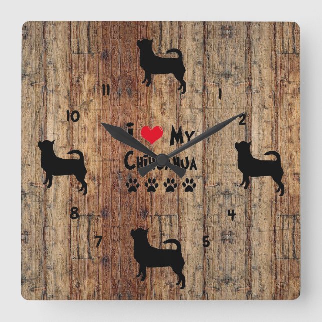 Rustic Wooden Faux Chihuahua Wall Clock Fyrkantig Klocka (Framsida)