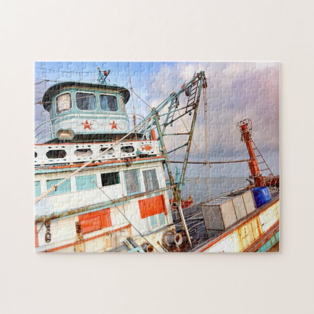 Rustic Wooden Fishing Boat Sea Ocean Pussel (Horisontell)