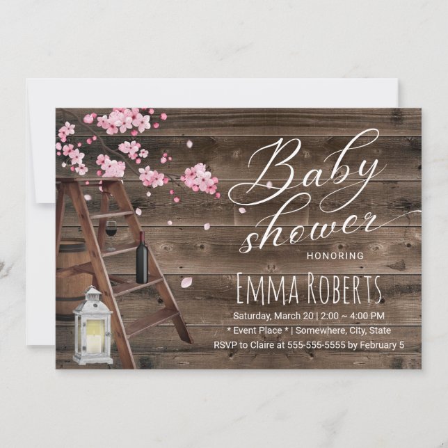Rustic Wooden Ladder Cherry Blommar Baby Shower Inbjudningar (Framsida)