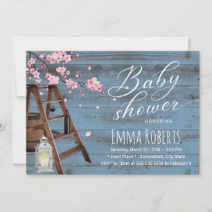Rustic Wooden Ladder Rosa Blommigt Dusty Baby Show Inbjudningar