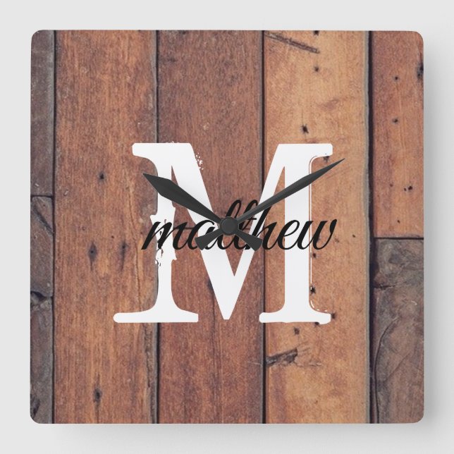 Rustic Wooden Land Farmhouse Brown Monogram Fyrkantig Klocka (Framsida)
