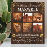 Rustic Wooden Memorial Hund<br><div class="desc">Personlig hund fotoplack med en rustik träbakgrund, sex dyrbara bilder av ditt älskade husdjur, guld hjärta tassavtryck & glitter, texten "i kärlekens minne av", hundar namn, född/död data, och sympatitecknet lyder "din närvaro vi saknar, ditt minne vi uppskattar, älskar dig alltid, glömmer dig aldrig".</div>