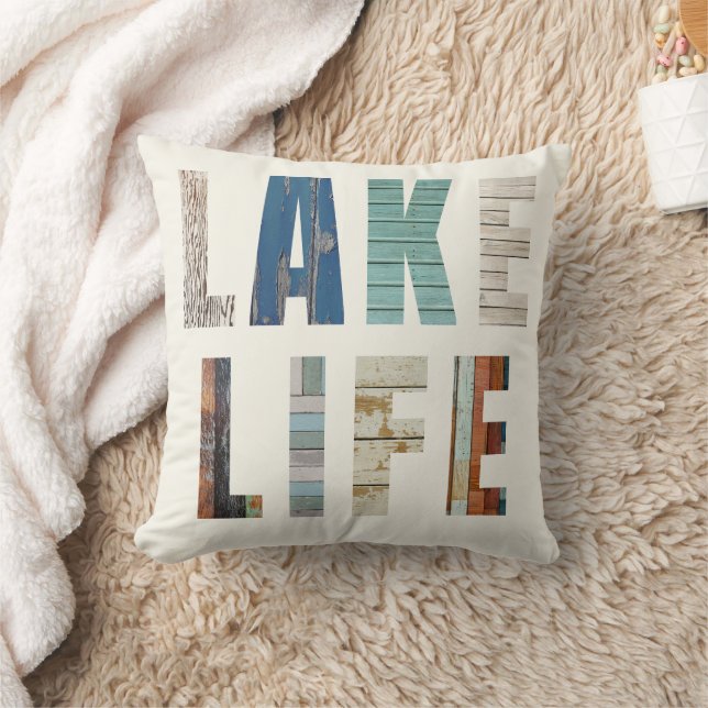 Rustic Wooden Planks "LAKE LIFE" Throw Pillow Kudde (Filt)