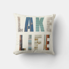 Rustic Wooden Planks "LAKE LIFE" Throw Pillow Kudde