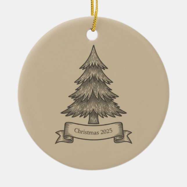 Rustic Wooden Tree Illustration Christmas Decor Julgransprydnad Keramik (Framsidan)