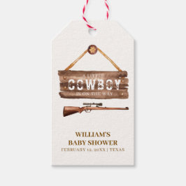 Rustic Wooden Vilda western Cowboy Gun Baby Shower Presentetikett